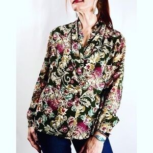 Vintage Impressions Olive Multi-color Floral Surplice Wrap Blouse